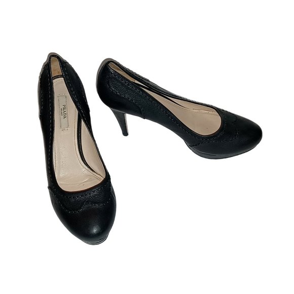 Prada Broque Size 36.5 Black Leather Platform High Heel Shoes - Picture 1 of 14